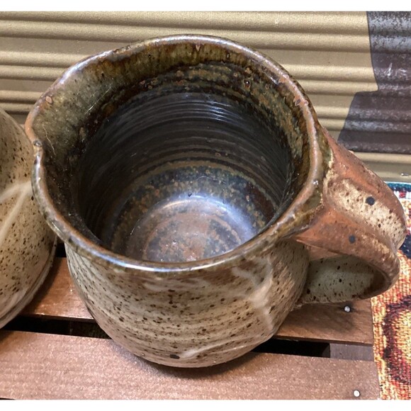 Art Pottery Creamer & Sugar Stoneware Brown Earth Tones White Drip Glaze Accent - Picture 5 of 15